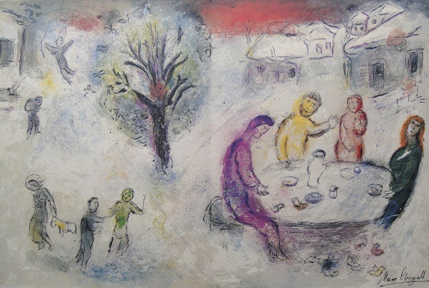 Marc Chagall, signed Lithograph "Daphnis and Chloe": Original Lithograph from Marc Chagall "Le Repas chez Dryas" (Mourlot 334), from a signed VIP book "Daphnis and Chloe. Hand signed by Marc Chagall in black ink. Les Editions II Verve, Paris 1961. Size: