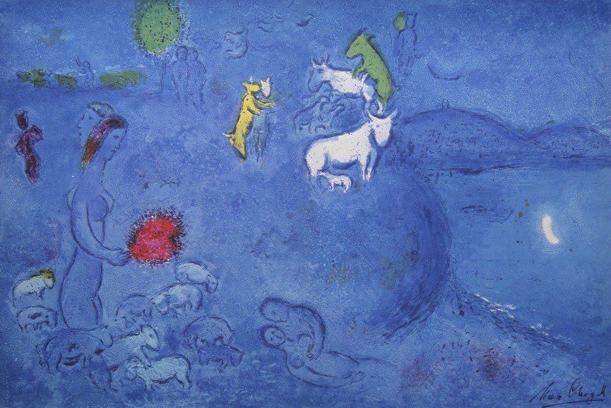 Marc Chagall, signed Lithograph "Daphnis and Chloe": Original Lithograph from Marc Chagall "Le Printemps" (Mourlot 335), from a signed VIP book "Daphnis and Chloe. Hand signed by Marc Chagall in black ink. Les Editions II Verve, Paris 1961. Size: 12.6 x