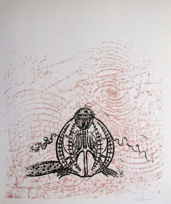 Max Ernst, Original signed Lithograph, 1971: Original Lithograph from Max Ernst, 1971. Hand signed by Max Ernst in penci. From a signed VIP book "Die RŸckkehr der schšnen GŠrtnerin". Editeur: DuMont Atelier, Paris. Size: 11.4 x 9.4 inches (29