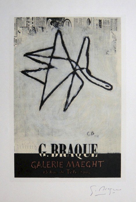 Georges Braque Lithograph Ecole de Paris: Original lithograph from a special VIP folder, 1958. Hand signed by Georges Braque in pencil. Lithograph: Fernand Mourlot, Paris. Editeur: Galerie Maeght, Paris. Prov: Galerie Maeght, Paris. Size: 11.