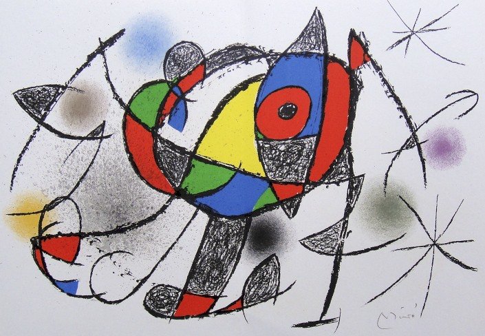 Joan MIRO, signed Lithograph, 1972: Joan Miro signed Lithograph from a VIP folder 1972. Hand signed by Miro in pencil. Lithograph: Fernand Mourlot, Paris. Prov: Maeght, Paris. Size: 12.2 x 17.7 in (31 x 45 cm) with book fold.