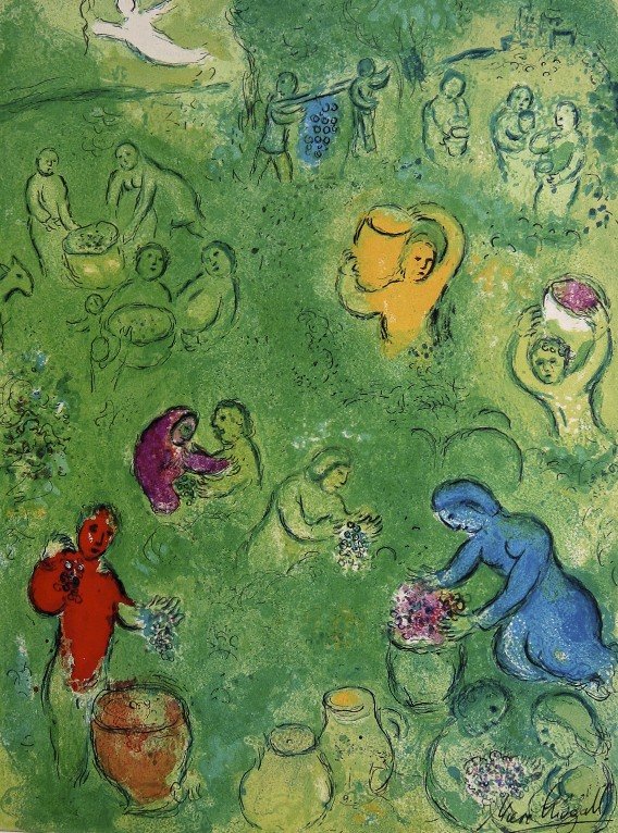Marc Chagall, signed Lithograph "Daphnis and Chloe": Original Lithograph from Marc Chagall "Les Vendanges" (Mourlot 322), from a signed VIP book "Daphnis and Chloe. Hand signed by Marc Chagall in black ink. Les Editions II Verve, Paris 1961. Size: 12.6 