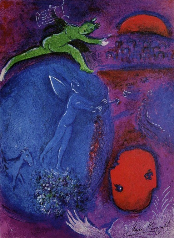 Marc Chagall, signed Lithograph "Daphnis and Chloe": Original Lithograph from Marc Chagall "Songe de Lamon et de Dryas" (Mourlot 311), from a signed VIP book "Daphnis and Chloe. Hand signed by Marc Chagall in black ink. Les Editions II Verve, Paris 1961