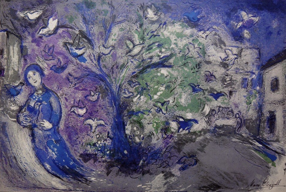 Marc Chagall, signed Lithograph "Daphnis and Chloe": Original Lithograph from Marc Chagall "La Chasse aux Oiseaux" (Mourlot 329), from a signed VIP book "Daphnis and Chloe. Hand signed by Marc Chagall in black ink. Les Editions II Verve, Paris 1961. Siz