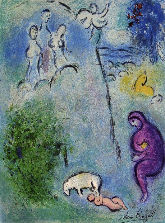 Marc Chagall, signed Lithograph "Daphnis and Chloe": Original Lithograph from Marc Chagall "Decouverte de Chloe par Daphnis" (Mourlot 310), from a signed VIP book "Daphnis and Chloe. Hand signed by Marc Chagall in black ink. Les Editions II Verve, Paris