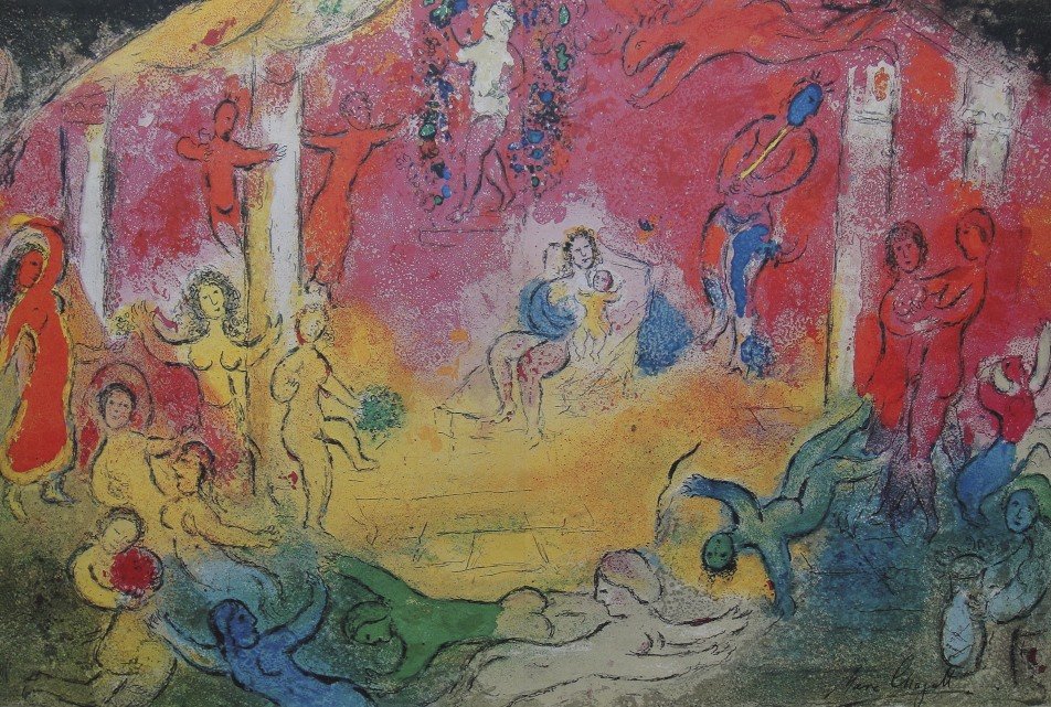 Marc Chagall, signed Lithograph "Daphnis and Chloe": Original Lithograph from Marc Chagall "Temple et Historie de Bacchus" (Mourlot 346), from a signed VIP book "Daphnis and Chloe. Hand signed by Marc Chagall in black ink. Les Editions II Verve, Paris 1