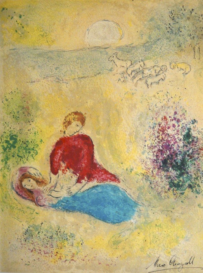 Marc Chagall, signed Lithograph "Daphnis and Chloe": Original Lithograph from Marc Chagall "L'Arondelle" (Mourlot 319), from a signed VIP book "Daphnis and Chloe. Hand signed by Marc Chagall in black ink. Les Editions II Verve, Paris 1961. Size: 12.6 x 