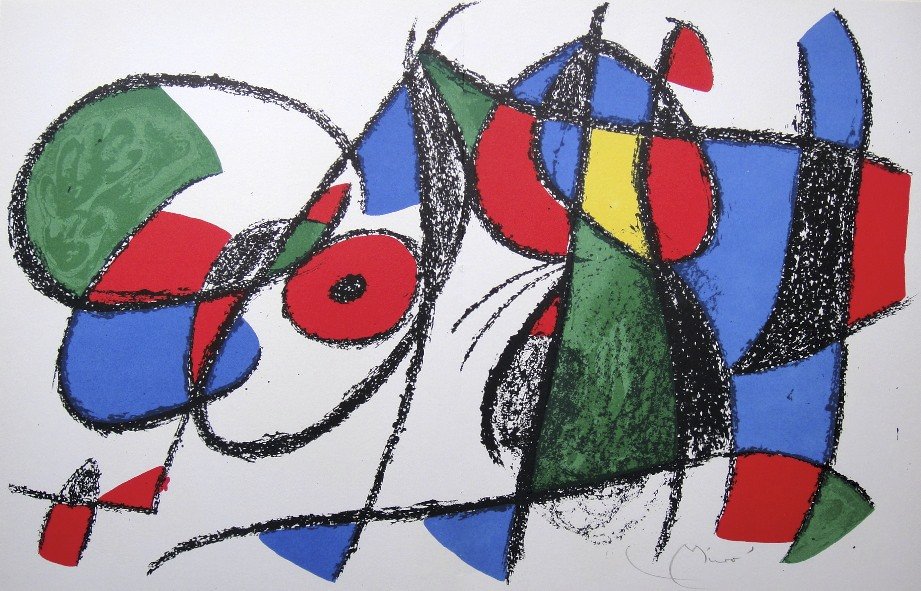 JOAN MIRO, Original signed Lihtograph, 1975: Wonderful signed Lithograph by Joan Miro. Hand signed by Joan Miro in pencil. From a VIP folder "Lithograph II" 1975. Maeght Editeur, Paris. Size: 12.6 x 19.3 in (32 x 49 cm), with book fold.