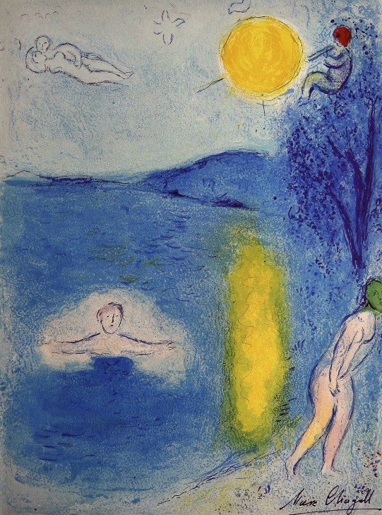 Marc Chagall, signed Lithograph "Daphnis and Chloe": Original Lithograph from Marc Chagall "La Saison d'ete" (Mourlot 337), from a signed VIP book "Daphnis and Chloe. Hand signed by Marc Chagall in black ink. Les Editions II Verve, Paris 1961. Size: 12.