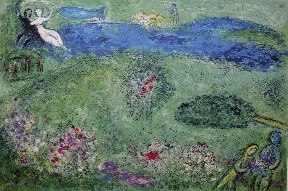 Marc Chagall, signed Lithograph "Daphnis and Chloe: Original Lithograph from Marc Chagall "Le Verger" (Mourlot 341), from a signed VIP book "Daphnis and Chloe. Hand signed by Marc Chagall in black ink. Les Editions II Verve, Paris 1961. Size: 12.6 x 18