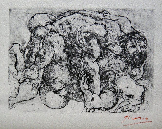 PABLO PICASSO Lithograph "Suite Vollard": Picasso Lithograph form the Suite Vollard "Le Viol VII" (Bloch 202). Hand signed in red pencil, Edition from 1952. Prov: Galerie les Tourettes, Dr. A. Wertheimer, Paris. Size: 8.2 x 11 in (20 x 27 cm)