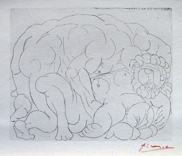 PABLO PICASSO Lithograph "Suite Vollard": Picasso Lithograph form the Suite Vollard "Le Viol II" (Bloch 180). Hand signed in red pencil, Edition from 1952. Prov: Galerie les Tourettes, Dr. A. Wertheimer, Paris. Size: 8.2 x 11 in (20 x 27 cm).