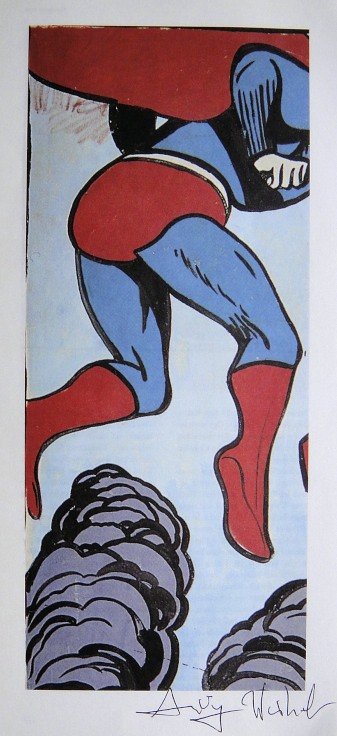ANDY WARHOL, Signed Print, 1983: Andy WARHOL, "Superman" signed Print. From a signed VIP book from 1983. Hand signed by Andy Warhol in black pen. Size: 11.4 x 5.5 in (29 x 14 cm), printed on the back.