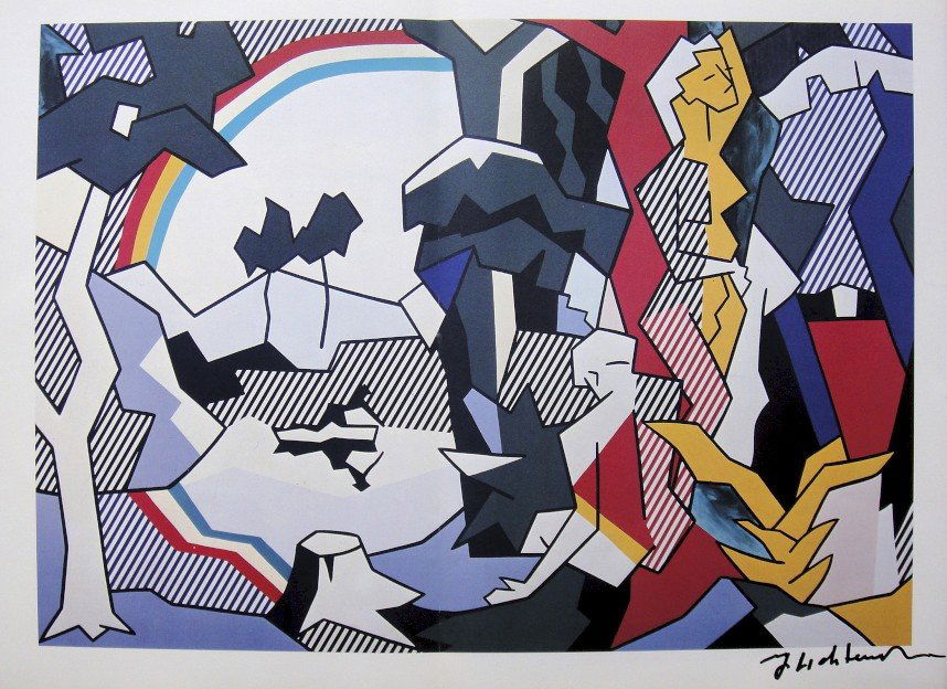 ROY LICHTENSTEIN, Signed Print, 1982: Roy LICHTENSTEIN, signed Offset Print "People in the Forest". From a signed VIP book published in 1982 by Nationalgalerie Berlin / Staatliche Museen Preussischer Kulturbesitz. Hand signed by Lichtenst