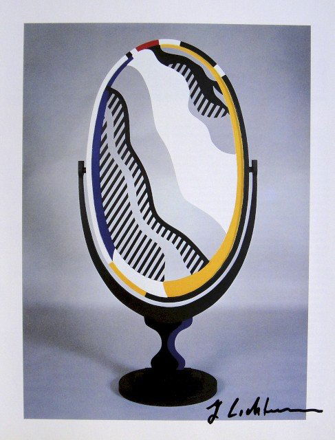 ROY LICHTENSTEIN, Signed Print, 1982: Roy LICHTENSTEIN, signed Offset Print "Mirror II". From a signed VIP book published in 1982 by Nationalgalerie Berlin / Staatliche Museen Preussischer Kulturbesitz. Hand signed by Lichtenstein in blac