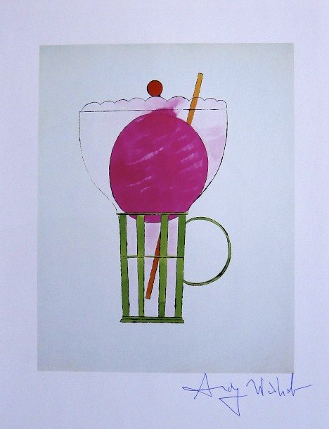 ANDY WARHOL, Signed Print, 1982: Andy WARHOL, "Ice Cream Dessert" signed Print. From a signed VIP book from 1982. Hand signed by Andy Warhol in blue pen. Size: 10.6 x 8.7 in (27 x 22 cm), printed on the back.