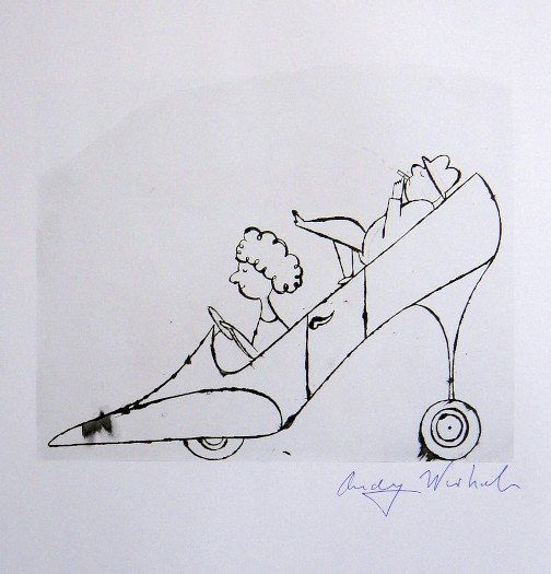ANDY WARHOL, Signed Print, 1982: Andy WARHOL, "Shoes on Wheels with Two Figures" signed Print. From a signed VIP book from 1982. Hand signed by Andy Warhol in blue pen. Size: 10.6 x 8.7 in (27 x 22 cm), printed on the back.