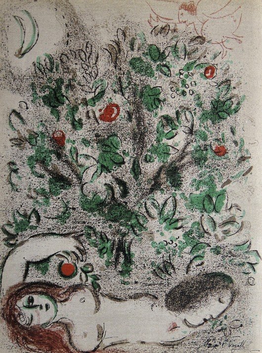 Marc CHAGALL "Bible" signed original Lithograph: Marc Chagall, original Lithograph "Paradis". From a signed VIP book "Bible" from 1960. Hand signed by Chagall in balck pen. Editeur Fernand Mourlot. Prov: Galerie les Tourettes, Dr. A. Wertheimer, Par