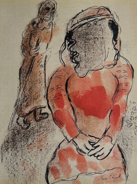 Marc CHAGALL "Bible" signed original Lithograph: Marc Chagall, original Lithograph "Tamar belle-fille de Juda". From a signed VIP book "Bible" from 1960. Hand signed by Chagall in balck pen. Editeur Fernand Mourlot. Prov: Galerie les Tourettes, Dr. 