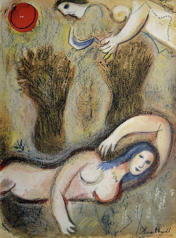 Marc CHAGALL "Bible" signed original Lithograph: Marc Chagall, original Lithograph "Booz se reveille et voit Ruth a ses pieds". From a signed VIP book "Bible" from 1960. Hand signed by Chagall in balck pen. Editeur Fernand Mourlot. Prov: Galerie les