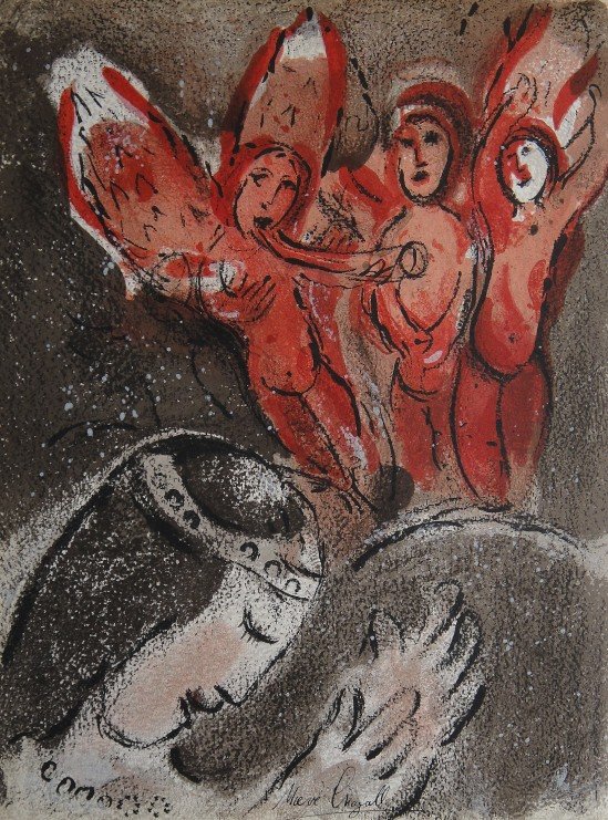 Marc CHAGALL "Bible" signed original Lithograph: Marc Chagall, original Lithograph "Sara et les anges". From a signed VIP book "Bible" from 1960. Hand signed by Chagall in balck pen. Editeur Fernand Mourlot. Prov: Galerie les Tourettes, Dr. A. Werth