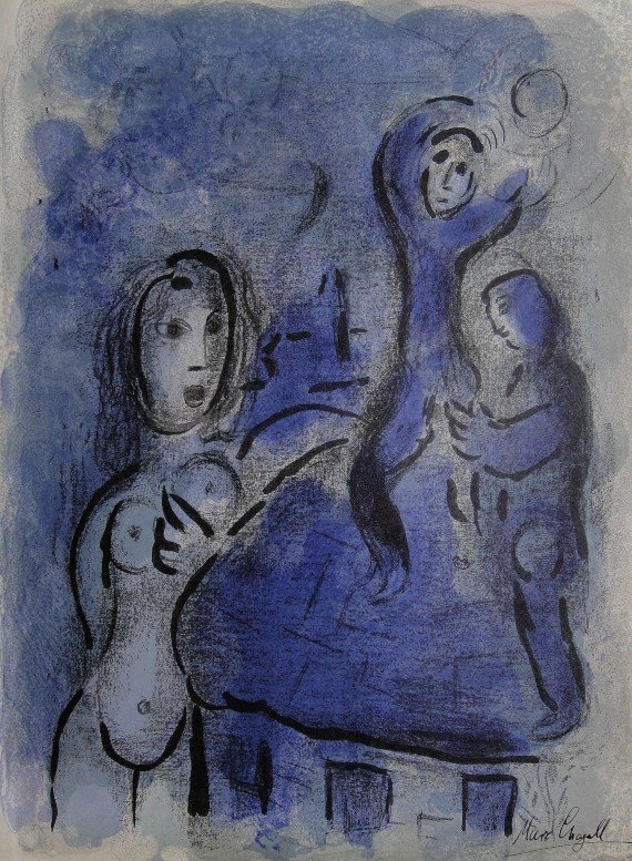Marc CHAGALL "Bible" signed original Lithograph: Marc Chagall, original Lithograph "Rahab et les Espions de Jericho". From a signed VIP book "Bible" from 1960. Hand signed by Chagall in balck pen. Editeur Fernand Mourlot. Prov: Galerie les Tourettes