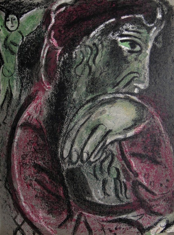Marc CHAGALL "Bible" signed original Lithograph: Marc Chagall, original Lithograph "Job Desespere". From a signed VIP book "Bible" from 1960. Hand signed by Chagall in balck pen. Editeur Fernand Mourlot. Prov: Galerie les Tourettes, Dr. A. Wertheime