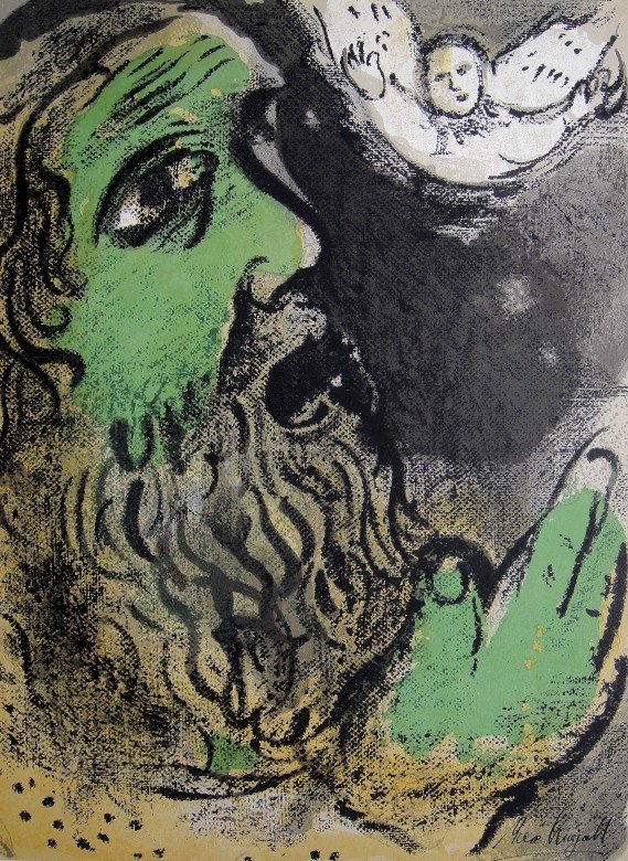 Marc CHAGALL "Bible" signed original Lithograph: Marc Chagall, original Lithograph "Job en Prieres". From a signed VIP book "Bible" from 1960. Hand signed by Chagall in balck pen. Editeur Fernand Mourlot. Prov: Galerie les Tourettes, Dr. A. Wertheim