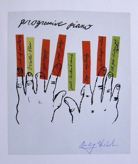 ANDY WARHOL, Signed Print, 1982: Andy WARHOL, "progressive piano" signed Print. From a signed VIP book from 1982. Hand signed by Andy Warhol in blue pen. Size: 10.6 x 8.7 in (27 x 22 cm), printed on the back.