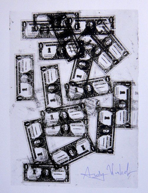 ANDY WARHOL, Signed Print, 1982: Andy WARHOL, "One Dollar Bills" signed Print. From a signed VIP book from 1982. Hand signed by Andy Warhol in blue pen. Size: 10.6 x 8.7 in (27 x 22 cm), printed on the back.