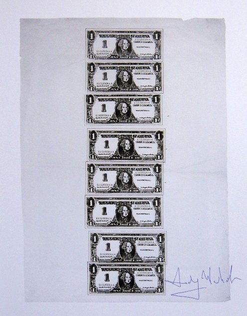 ANDY WARHOL, Signed Print, 1982: Andy WARHOL, "Eight One Dollar Bills" signed Print. From a signed VIP book from 1982. Hand signed by Andy Warhol in blue pen. Size: 10.6 x 8.7 in (27 x 22 cm), printed on the back.