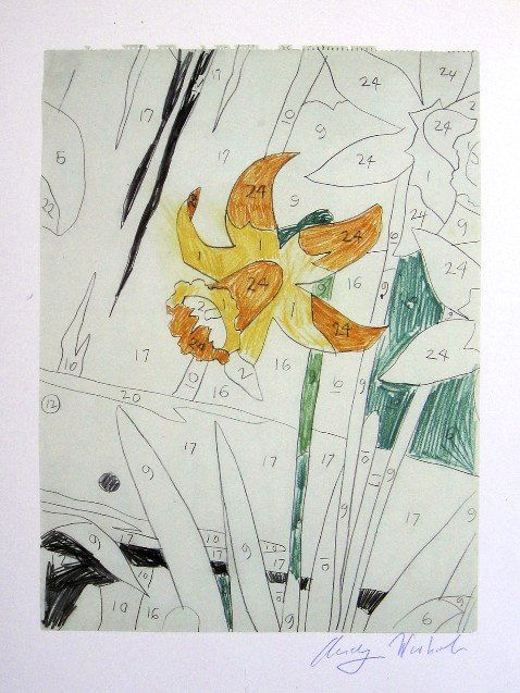 ANDY WARHOL, Signed Print, 1982: Andy WARHOL, "Do it Yourself (Flowers)" signed Print. From a signed VIP book from 1982. Hand signed by Andy Warhol in blue pen. Size: 10.6 x 8.7 in (27 x 22 cm), thin glossy cardboard.