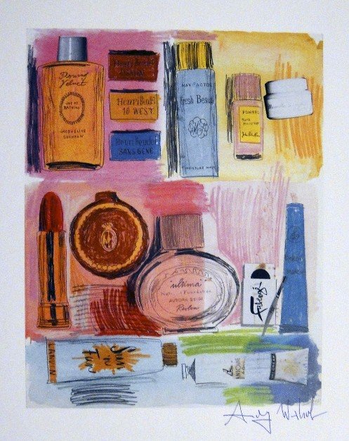 ANDY WARHOL, Signed Print, 1982: Andy WARHOL, "Cosmetics" signed Print. From a signed VIP book from 1982. Hand signed by Andy Warhol in blue pen. Size: 10.6 x 8.7 in (27 x 22 cm), printed on the back.