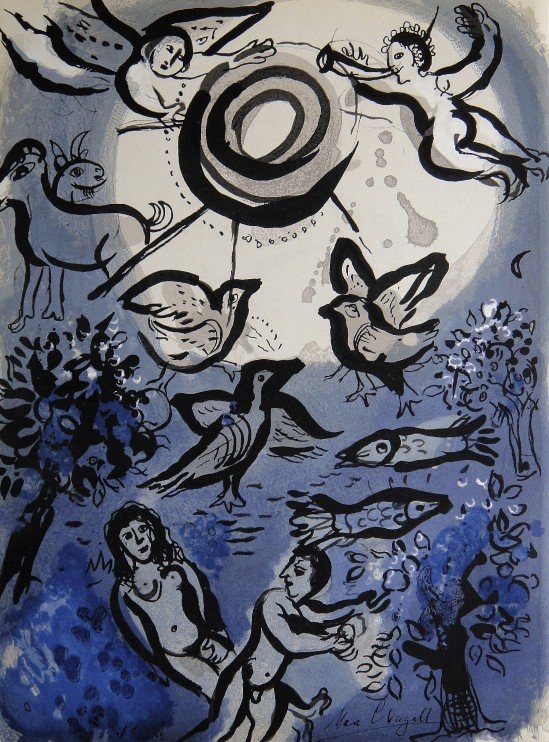 Marc CHAGALL "Bible" signed original Lithograph: Marc Chagall, original Lithograph "Creation". From a signed VIP book "Bible" from 1960. Hand signed by Chagall in balck pen. Editeur Fernand Mourlot. Prov: Galerie les Tourettes, Dr. A. Wertheimer, Pa