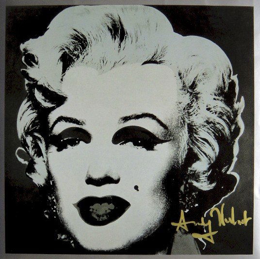 ANDY WARHOL, Signed Print, 1982: Andy WARHOL, "Marilyn Monroe", signed special Print. From a signed VIP-catalog from 1982. Hand signed by Andy Warhol in gold pen. Size: 9 x 9 in (23 x 23 cm).