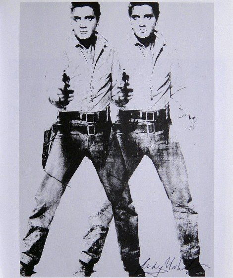 ANDY WARHOL, Signed Print, 1982: Andy WARHOL, "Two Elvis", signed special Print. From a signed VIP-catalog from 1982. Hand signed by Andy Warhol in black pen. Size: 9.45 x 8.07 in (24 x 20.5 cm), printed on the back.
