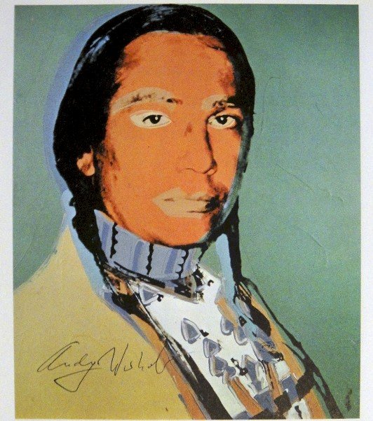 ANDY WARHOL, Signed Print, 1982: Andy WARHOL, "The American Indian", signed special Print. From a signed VIP-catalog from 1982. Hand signed by Andy Warhol in black pen. Size: 9.1 x 8.07 in (23 x 20.5 cm), printed on the back.