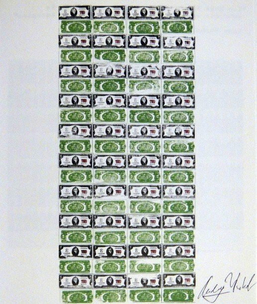ANDY WARHOL, Signed Print, 1982: Andy WARHOL, "80 Two Dollar Bills", signed special Print. From a signed VIP-catalog from 1982. Hand signed by Andy Warhol in black pen. Size: 9.45 x 8.07 in (24 x 20.5 cm), printed on the back.