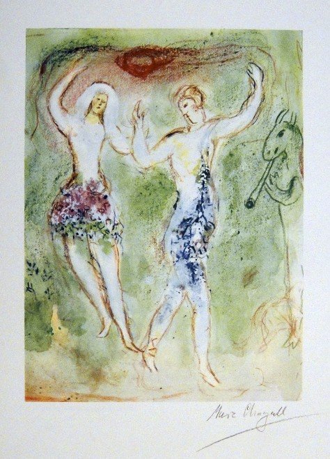 Marc CHAGALL, signed Lithograph "Suite Ballet" 1969: Signed Lithograph by Marc Chagall "Suite Ballet". From a signed VIP book, published in 1969. "Danse de Daphnis et Chloe" Hand signed by Marc Chagall in brown pencil. Prov: Galerie les Tourettes, Dr. A