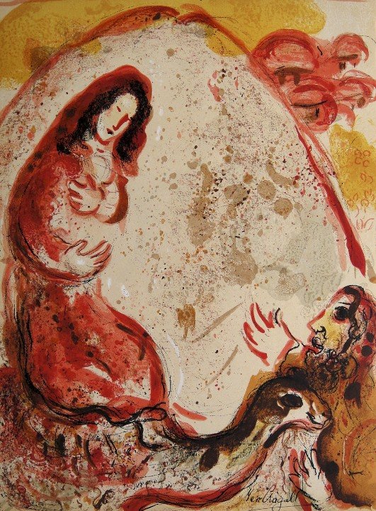 Marc CHAGALL "Bible" signed original Lithograph: Marc Chagall, original Lithograph "Rachel derobe les idoles de son pere". From a signed VIP book "Bible" from 1960. Hand signed by Chagall in balck pen. Editeur Fernand Mourlot. Prov: Galerie les Tour