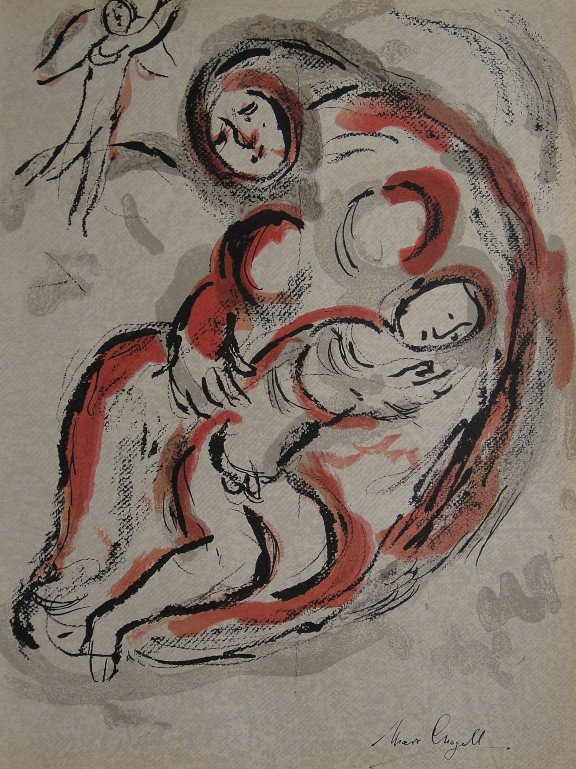 Marc CHAGALL "Bible" signed original Lithograph: Marc Chagall, original Lithograph "Agar dans le Desert". From a signed VIP book "Bible" from 1960. Hand signed by Chagall in balck pen. Editeur Fernand Mourlot. Prov: Galerie les Tourettes, Dr. A. Wer