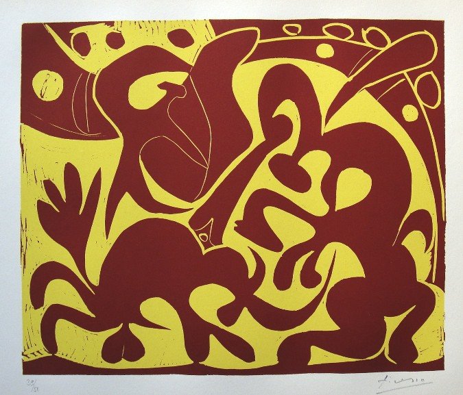 PABLO PICASSO, Hand signed Linocut, 1962: Pablo Picasso original hand signed Linocut, 1962. "Pique" (Bloch 908) Signature and numbered 39/50 in pencil by Pablo Picasso. Edition published in 1962. Prov: Galerie les Tourettes, Dr. A. Wertheimer