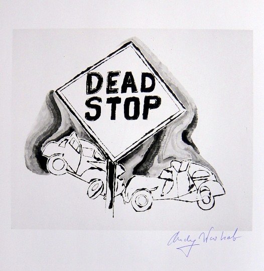 ANDY WARHOL, Signed Print, 1982: Andy WARHOL, "Dead Stop" signed Print. From a signed VIP book from 1982. Hand signed by Andy Warhol in blue pen. Size: 10.6 x 8.7 in (27 x 22 cm), printed on the back.