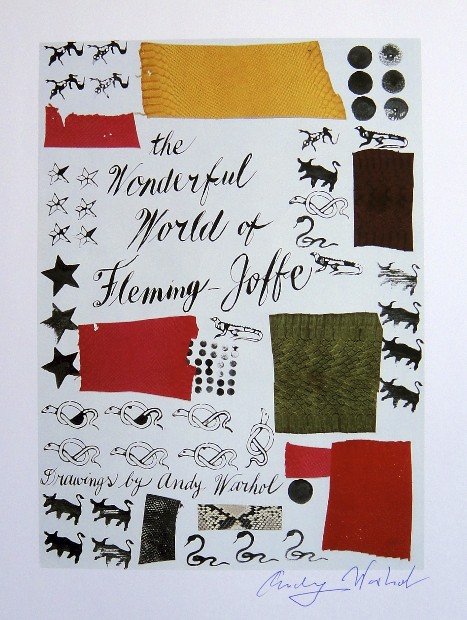 ANDY WARHOL, Signed Print, 1982: Andy WARHOL, "the Wonderful World of Fleming Joffe" signed Print. From a signed VIP book from 1982. Hand signed by Andy Warhol in blue pen. Size: 10.6 x 8.7 in (27 x 22 cm), printed on the back.