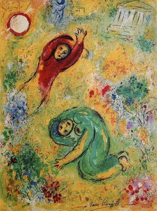 Marc Chagall, signed Lithograph "Daphnis and Chloe": Original Lithograph from Marc Chagall "The Trampled Flowers" (Mourlot 342), from a signed VIP book "Daphnis and Chloe. Hand signed by Marc Chagall in black ink. Les Editions II Verve, Paris 1961. Size