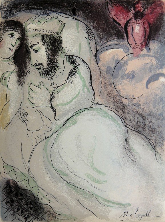 Marc CHAGALL "Bible" signed original Lithograph: Marc Chagall, original Lithograph "Sara et Abimelech". From a signed VIP book "Bible" from 1960. Hand signed by Chagall in balck pen. Editeur Fernand Mourlot. Prov: Galerie les Tourettes, Dr. A. Werth