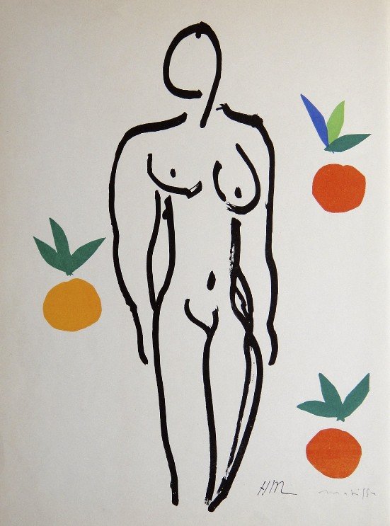 Henri Matisse "Verve Paris" signed original Lithograph: Henri Matisse, original Lithograph "Nu a l'Orange". From a signed VIP book "Verve Paris" from 1953. Hand signed by Matisse in pencil and signed in the plate. Editeur Fernand Mourlot. Size: 13.8 x 10.2