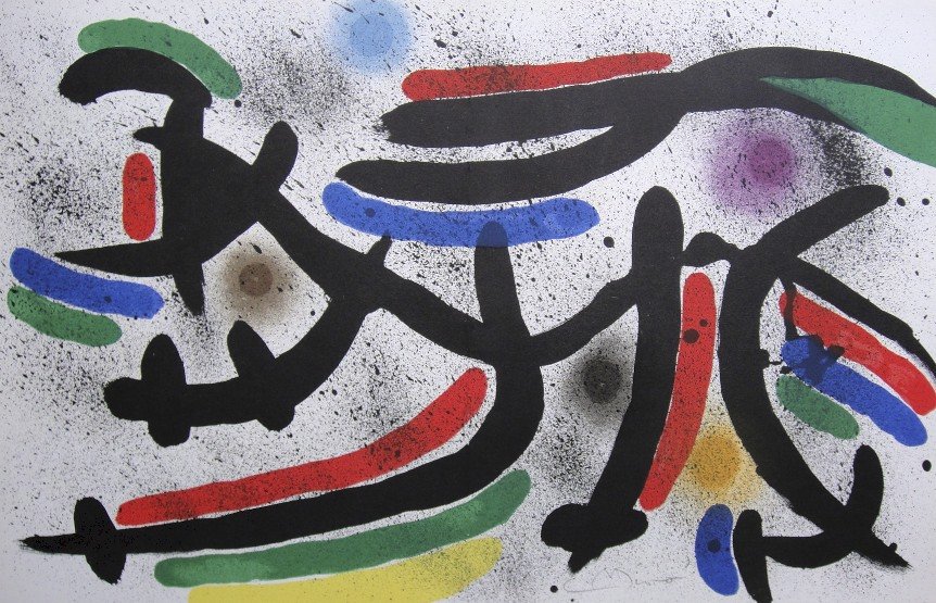 JOAN MIRO, Original signed Lithograph, 1972: Wonderful signed Lithograph by Joan Miro. Hand signed by Joan Miro in pencil. From a VIP folder "Lithograph I" 1972. Maeght Editeur, Paris. Size: 12.6 x 19.3 in (32 x 49 cm), with book fold.