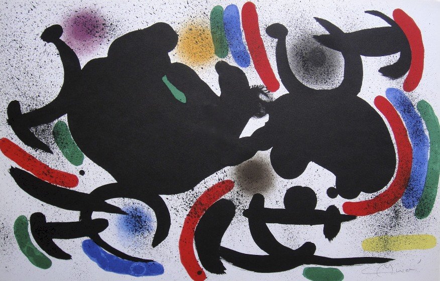 JOAN MIRO, Original signed Lithograph, 1972: Wonderful signed Lithograph by Joan Miro. Hand signed by Joan Miro in pencil. From a VIP folder "Lithograph I" 1972. Maeght Editeur, Paris. Size: 12.6 x 19.3 in (32 x 49 cm), with book fold.