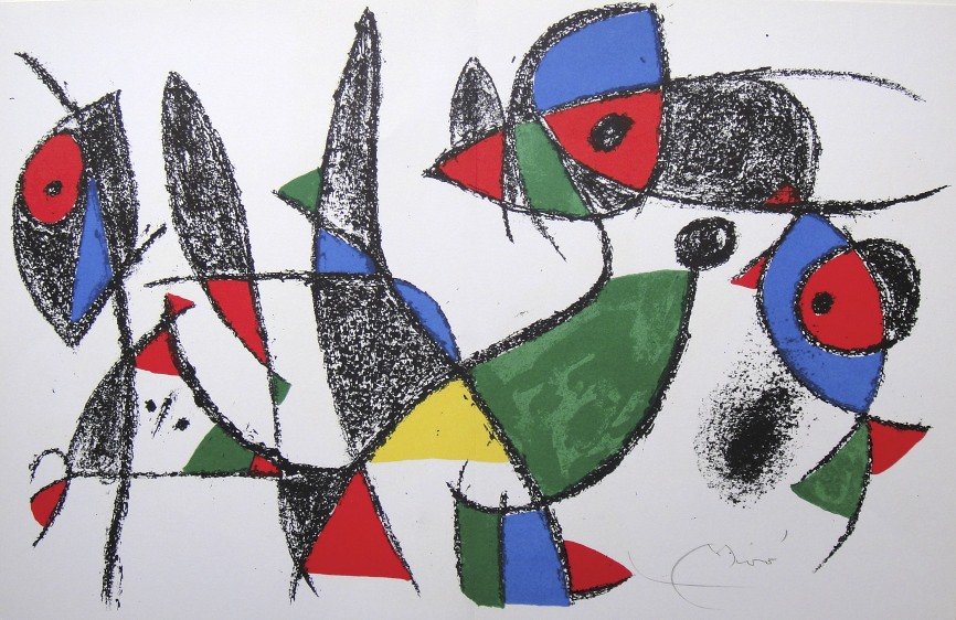 JOAN MIRO, Original signed Lihtograph, 1975: Wonderful signed Lithograph by Joan Miro. Hand signed by Joan Miro in pencil. From a VIP folder "Lithograph II" 1975. Maeght Editeur, Paris. Size: 12.6 x 19.3 in (32 x 49 cm), with book fold.